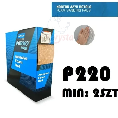 Materiał ścierny na gąbce gradacja P220,  Perforowana rolka 25mb podzielona na 175 arkuszy, marka NORTON SAINT GOBAIN, niebieskie opakowanie, minimum 2 sztuki - ROTOLO FOAM