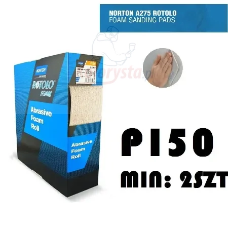 Materiał ścierny na gąbce gradacja P150,  Perforowana rolka 25mb podzielona na 175 arkuszy, marka NORTON SAINT GOBAIN, niebieskie opakowanie, minimum 2 sztuki - ROTOLO FOAM