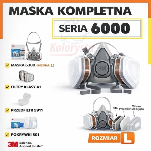 Maska lakiernicza 3M seria 6000 rozmiar L komplet z filtrami A1 przedfiltrami 5911 i pokrywkami 501