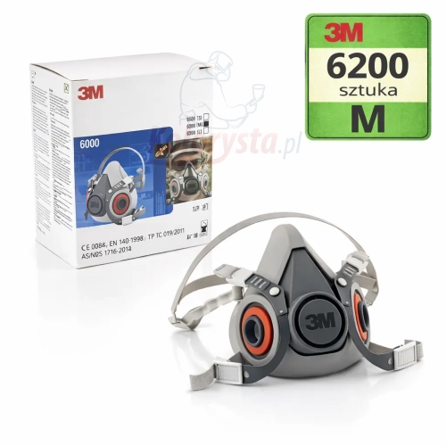 Maska lakiernicza 3M 6200 rozmiar M z pudełkiem na białym tle, półmaska filtrująca serii 6000 z zieloną etykietą 3M 6200 sztuka M w prawym górnym rogu.