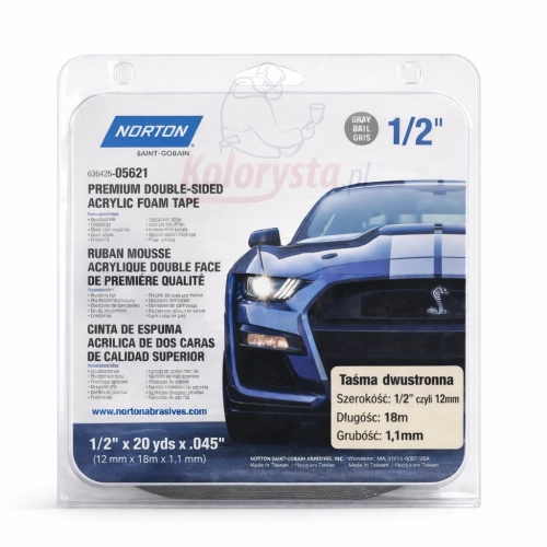Taśma dwustronna akrylowa Norton 05621 12mm x 18m x 1,1mm do montażu elementów samochodowych