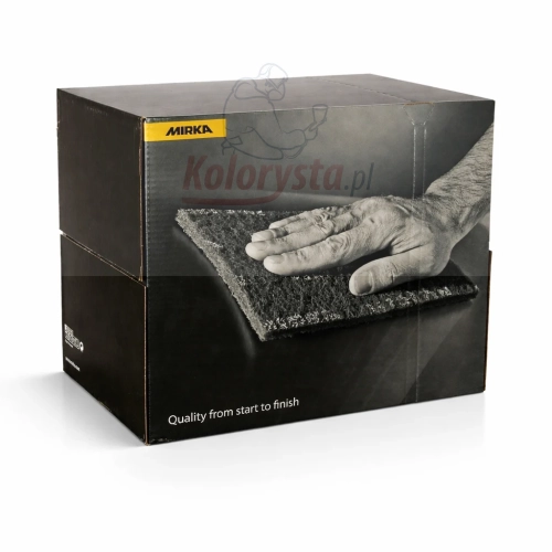 Opakowanie włókniny ściernej Mirka – czarne pudełko z grafiką dłoni i logo producenta