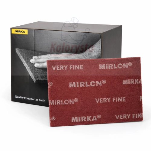 Czerwona włóknina ścierna Mirka Mirlon Very Fine 152x229 mm na tle opakowania