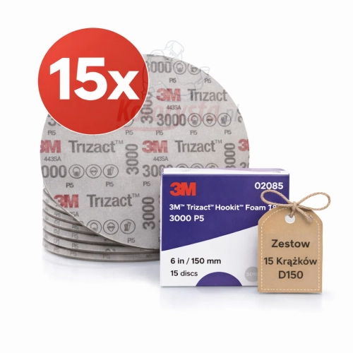 3M Trizact Hookit Foam Disc 02085 P3000 150 mm – zestaw 15 krążków ściernych na piance D150 do usuwania rys i przygotowania lakieru przed polerowaniem. Profesjonalne materiały ścierne 3M Trizact.