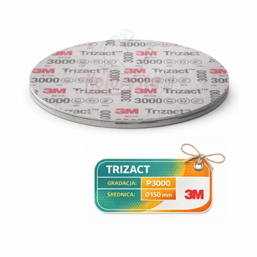 Krążek ścierny 3M Trizact P3000 D150 – dysk polerski do wykończenia lakieru + etykieta techniczna