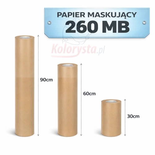 Papier maskujący 260 mb w rolkach 30 cm, 60 cm i 90 cm – porównanie szerokości na białym tle