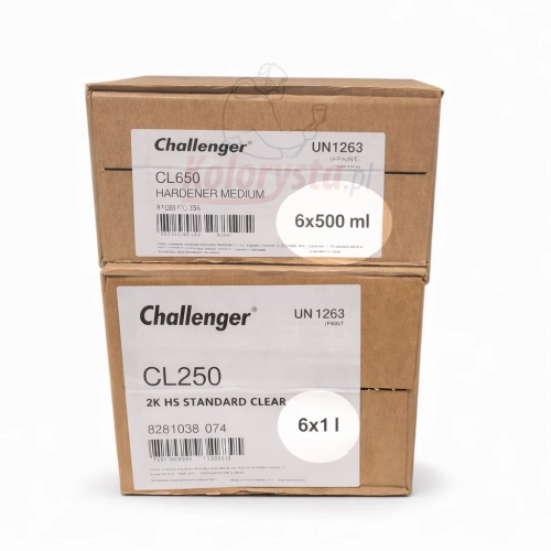 Komplet Challenger CL250 lakier bezbarwny 2K HS Standard Clear 6x1 l oraz CL650 Hardener Medium 6x500 ml w kartonach