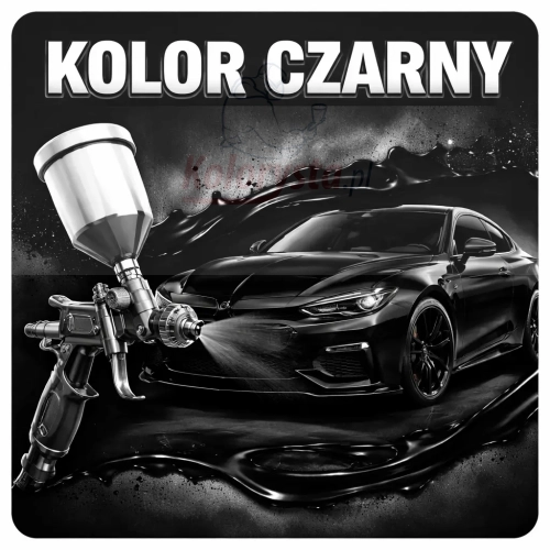 Kwadratowa grafika z czarnym autem i pistoletem lakierniczym – oznaczenie koloru czarnego w lakiernictwie samochodowym