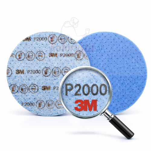 Krążek na gąbce D150 3M P2000 z lupką podkreślającą gradację i logo producenta 3M