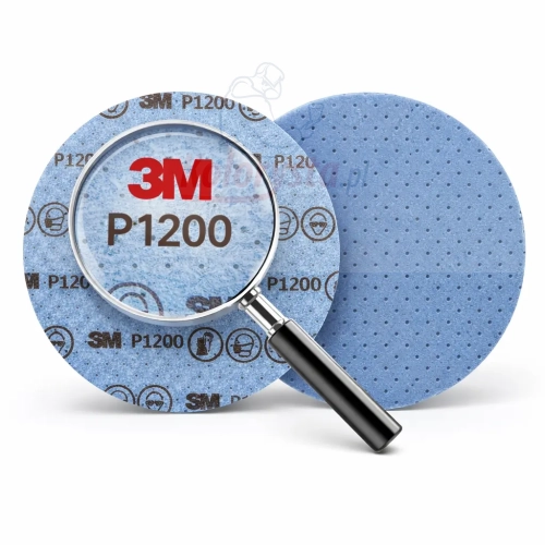 Krążki ścierne 3M P1200 na białym tle z lupą powiększającą oznaczenie gradacji i markę 3M