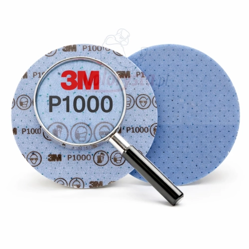 Krążki ścierne 3M P1000 z lupą – powiększona gradacja i logo producenta na białym tle