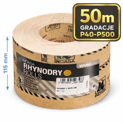 Papier ścierny w rolce INDASA Rhynodry White Line 115 mm 50 m – gradacje P40–P500, profesjonalny materiał ścierny do lakiernictwa