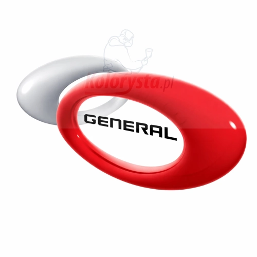 Logo General Paint – producent materiałów lakierniczych, czerwono-srebrny znak 3D z czarnym napisem GENERAL na białym tle