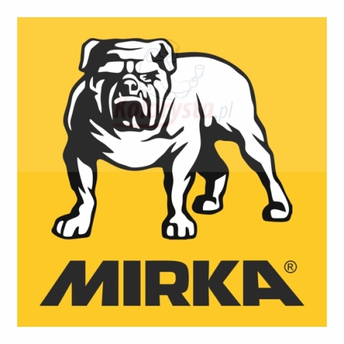 Logo Mirka – producent materiałów ściernych, żółte tło z czarnym buldogiem i napisem MIRKA