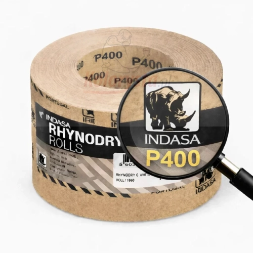 Indasa Rhynodry Rolls White Line P400 – rolka papieru ściernego na sucho, gradacja P400, widok z lupą podkreślającą logo marki i oznaczenie ziarnistości