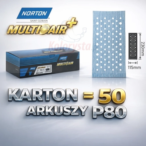 Arkusz ścierny Norton Multi-Air Plus P80 115x230 mm – papier ścierny z wielootworowym systemem odpylania, opakowanie 50 sztuk