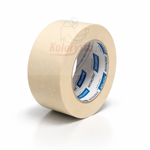 Taśma maskująca 50mm Norton Premium na białym tle – profesjonalna taśma lakiernicza do precyzyjnego maskowania, widok rolki z boku, lekki cień