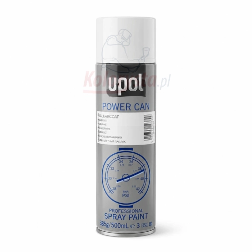 U-POL Power Can lakier bezbarwny w sprayu 500 ml – profesjonalny spray akrylowy clearcoat na białym tle