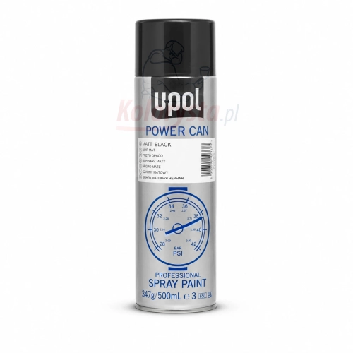 U-POL Power Can Czarny Mat spray 500 ml – profesjonalny lakier matowy w aerozolu na białym tle