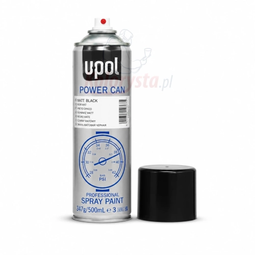 U-POL Power Can Czarny Mat spray 500 ml bez korka – profesjonalny lakier matowy w aerozolu na białym tle