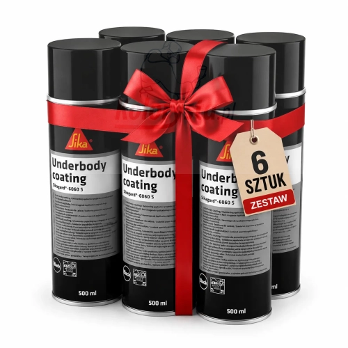 Zestaw 6 sztuk Sika Underbody Coating Sikagard 6060 S 500 ml – konserwacja podwozia w sprayu przewiązana czerwoną wstążką