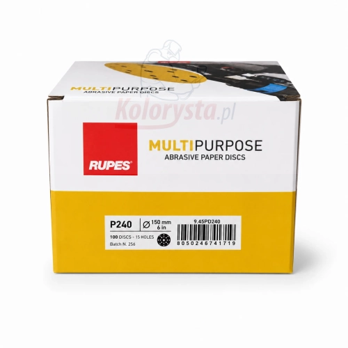 RUPES MULTIPURPOSE P240 krążki ścierne 150 mm 15H – profesjonalne dyski ścierne na rzep do szlifowania lakieru, podkładu i szpachli, opakowanie 100 sztuk