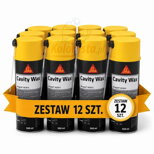 Zestaw 12 sztuk wosku do profili zamkniętych Sika Sikagard-6220 S Cavity Wax 500 ml w aerozolu – profesjonalny środek antykorozyjny do zabezpieczania wnętrza progów, drzwi i profili samochodowych.