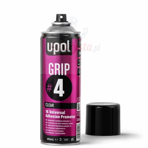U-POL GRIP #4 Clear 450 ml – aktywator przyczepności w sprayu 1K do tworzyw sztucznych i trudnych powierzchni, profesjonalny preparat lakierniczy na białym tle