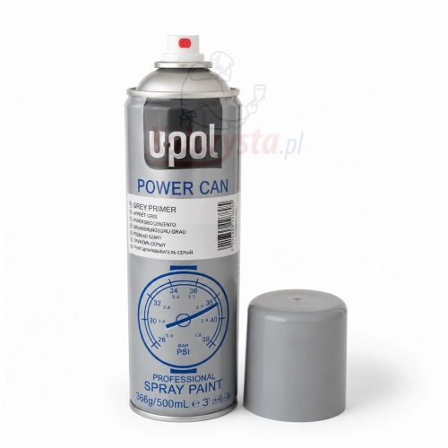 Szary podkład w sprayu U-POL Power Can Grey Primer 500 ml ustawiony na białym tle z lekkim cieniem. Profesjonalne zdjęcie produktu z odkręconą szarą nakrętką obok aerozolu.