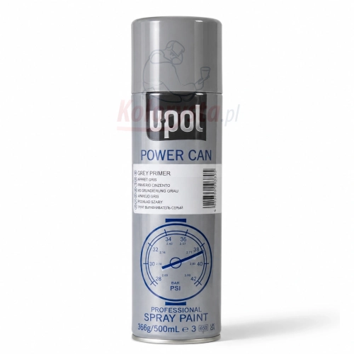 Szary podkład akrylowy U-POL Power Can Grey Primer 500 ml w sprayu – profesjonalny aerozol do przygotowania powierzchni przed lakierowaniem, zdjęcie produktowe na białym tle.