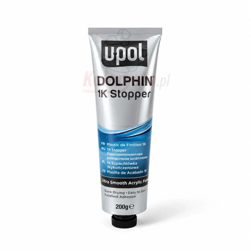 Szpachla wykończeniowa U-POL Dolphin 1K Stopper 200g w tubie na białym tle – profesjonalne zdjęcie produktu do napraw lakierniczych i wypełniania drobnych rys.