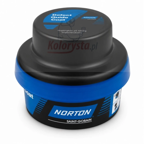 Norton Defect Guide Coat – puder kontrolny do wykrywania nierówności i wad powierzchni podczas szlifowania, opakowanie z aplikatorem.