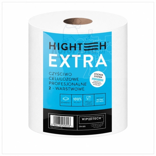 Czyściwo celulozowe HIGHTECH EXTRA 2-warstwowe w dużej rolce, profesjonalne ręczniki papierowe wykonane w 100% z celulozy. Chłonne i wytrzymałe czyściwo do warsztatu, lakierni, przemysłu, gastronomii oraz codziennego utrzymania czystości.