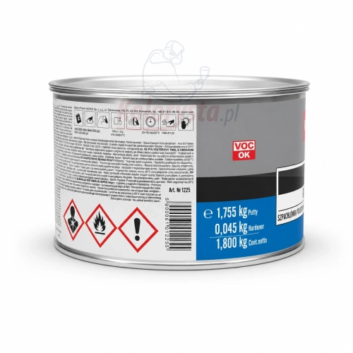 Novol Fiber Micro Szpachla Poliestrowa z Włóknem Szklanym 1,8 kg z utwardzaczem – puszka produktu na białym tle, profesjonalne zdjęcie produktowe do napraw karoserii samochodowych.