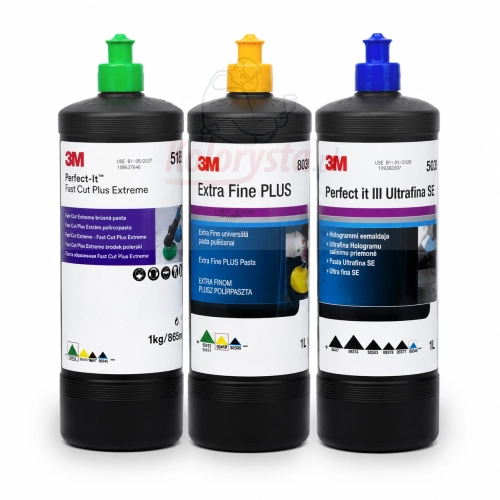 Zestaw trzech past polerskich 3M Perfect-It 1L: Fast Cut Plus Extreme, Extra Fine PLUS i Ultrafina SE na białym tle. Kompletny system polerowania lakieru do usuwania zarysowań, wykończenia oraz eliminacji hologramów.
