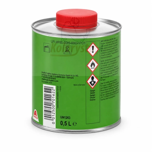 Tył opakowania utwardzacza Challenger CL650 HS Hardener Medium 0,5L – informacje bezpieczeństwa, kod UFI i oznaczenia produktu