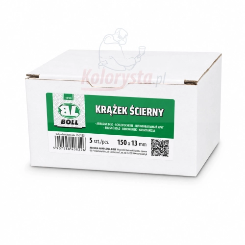 Krążek ścierny BOLL 150 x 13 mm w opakowaniu zbiorczym. Profesjonalny materiał ścierny przeznaczony do szlifowania powierzchni lakierniczych, metalu, drewna i tworzyw sztucznych. Produkt w białym kartonowym pudełku z etykietą producenta BOLL.