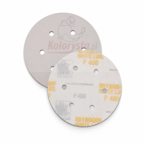 Krążki ścierne Indasa Rhynogrip White Line P400 150 mm z 6 otworami odpylającymi. Profesjonalne materiały ścierne do szlifowania podkładów, lakierów i powierzchni przygotowywanych do malowania.