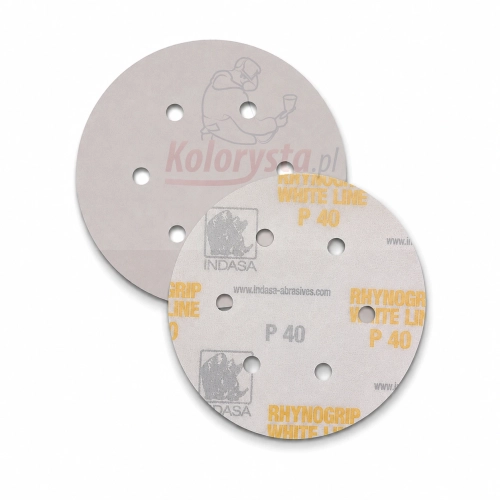 Krążki ścierne Indasa Rhynogrip White Line P40 150 mm 6H na rzep. Profesjonalne krążki do zgrubnego szlifowania drewna, metalu, szpachli i podkładów z systemem odpylania.
