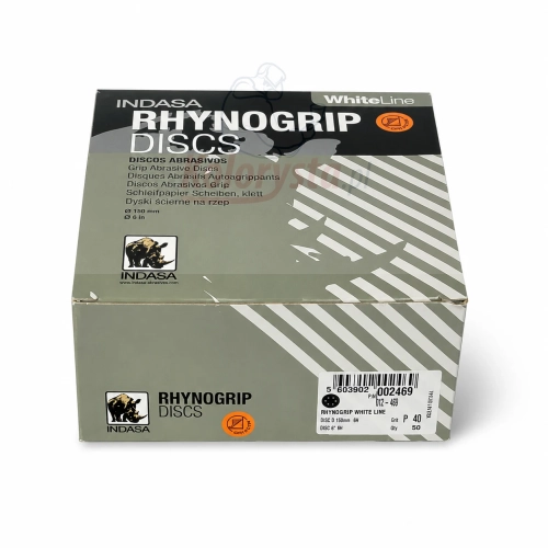 Indasa Rhynogrip White Line P40 – krążki ścierne 150 mm 6H na rzep, opakowanie 50 sztuk, profesjonalne materiały ścierne do szlifowania szpachli, podkładów, lakierów, drewna i metalu.