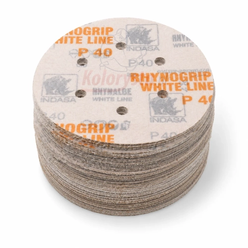 Krążki ścierne Indasa Rhynogrip White Line P40 150 mm 6H na rzep. Profesjonalne tarcze ścierne do szlifowania drewna, metalu, szpachli i podkładów. Gradacja P40 zapewnia szybkie usuwanie materiału i przygotowanie powierzchni do dalszej obróbki.