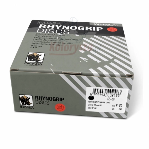 Indasa Rhynogrip White Line P80 krążki ścierne 150 mm 6 otworów (6H) 50 szt. Profesjonalne krążki ścierne na rzep do szlifowania podkładów, lakierów, szpachli i powierzchni przygotowywanych do malowania.