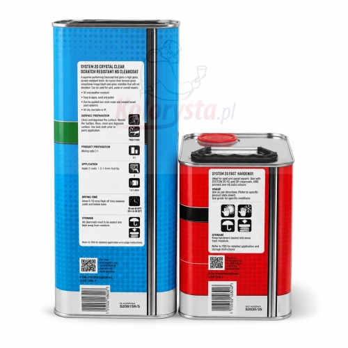 System 20 Crystal Clear HS Clearcoat z utwardzaczem Fast Hardener – profesjonalny lakier bezbarwny HS o wysokim połysku i zwiększonej odporności na zarysowania, zestaw do napraw lakierniczych samochodów.