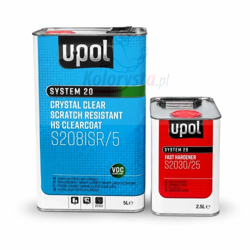 U-POL System 20 S2081SR/5 lakier bezbarwny HS Crystal Clear 5L z utwardzaczem Fast Hardener S2030/25 2,5L. Profesjonalny zestaw lakierniczy o wysokiej odporności na zarysowania, do napraw i renowacji samochodów.