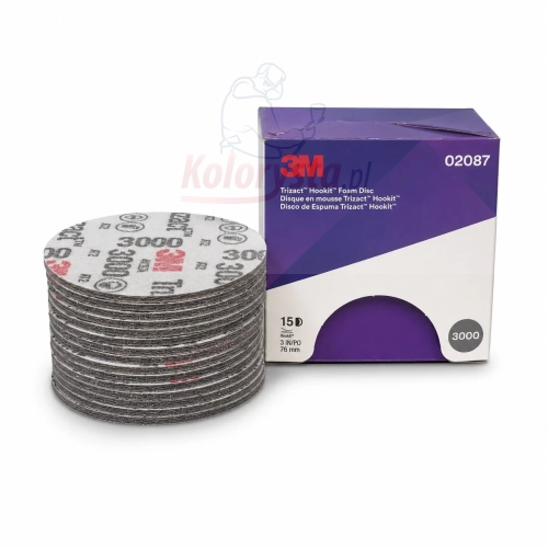 3M Trizact Hookit Foam Disc 02087 P3000 76 mm – krążki ścierne na piance do matowania i usuwania defektów lakieru, zestaw krążków z opakowaniem 3M na białym tle.