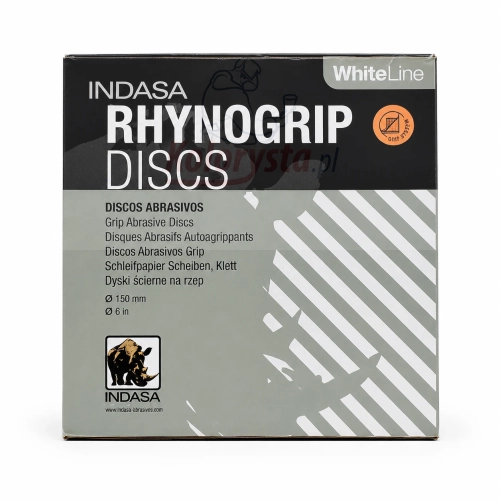 Indasa Rhynogrip Discs WhiteLine 150 mm – dyski ścierne na rzep do szlifowania powierzchni lakierniczych i przygotowania podłoża.