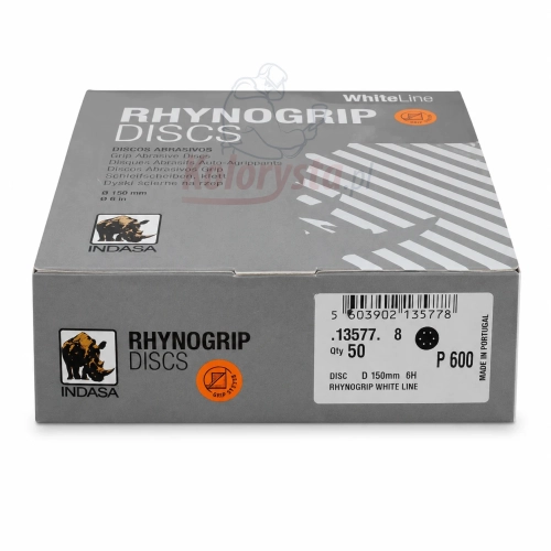 Indasa Rhynogrip White Line P600 – krążki ścierne 150 mm 6 otworów, 50 sztuk, papier ścierny na rzep do szlifowania i matowania powierzchni lakierniczych.
