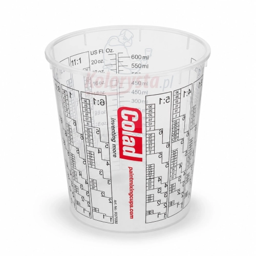 Kubek lakierniczy COLAD 700 ml z podziałką do mieszania lakierów, podkładów i bezbarwnych powłok. Przezroczysty kubek mieszalniczy z czytelnymi proporcjami mieszania 2:1, 3:1, 4:1 i 5:1.