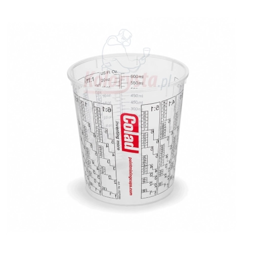 Kubek lakierniczy Colad 700 ml z przezroczystego tworzywa z precyzyjną podziałką mieszania lakierów i proporcji utwardzacza. Kubek do przygotowywania farb, lakierów i podkładów w warsztacie lakierniczym.