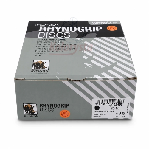 INDASA Rhynogrip White Line P100 – pudełko z krążkami ściernymi 150 mm 6 otworów (6H), opakowanie 50 sztuk, profesjonalne materiały ścierne do szlifowania w lakiernictwie.